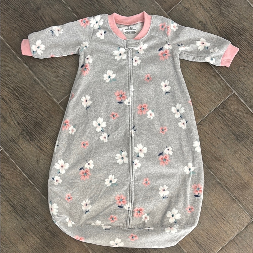 Floral Gray and Pink Fleece Baby Sleep Sack. Size 6-9 Months